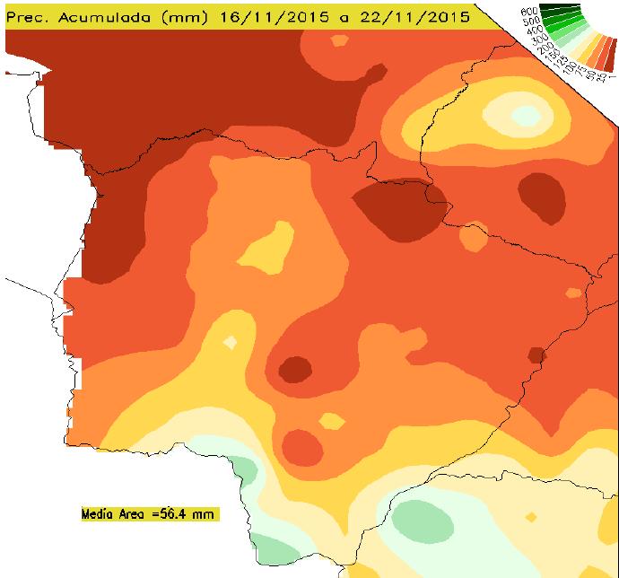 Precipitação Pluviométrica Acumulada para o Mato Grosso do Sul Entre os dias 16 a 22 de novembro de 2015, verifica-se, na figura 1, que ocorreram precipitações em todo o estado, atingindo de 25mm até