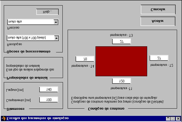 A Figura 3 apresenta a janela de escolha dos parâmetros para análise de distribuição estacionária de temperatura e a Figura 4 mostra a janela de definição dos parâmetros