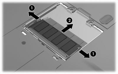 b. Segure as extremidades do módulo de memória (2) e puxe-o cuidadosamente para fora da ranhura. Para proteger o módulo de memória removido, guarde-o num recipiente à prova de electrostática. 10.