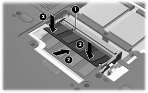 10. Introduzir um módulo de memória: a. Alinhe a extremidade dentada (1) do módulo de memória com a aba da ranhura do módulo de memória.