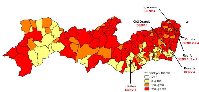 MAPA 01: Incidência de casos notificados (sem os descartados), Pernambuco, até a Semana Epidemiológica 23 de 2015. I GERES: Abreu e Lima, Araçoiaba, Arq.