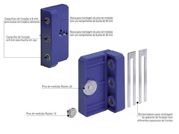 relação aos furos Rastex existentes através de 2 pinos de medição, diâmetro de 15 e 25 mm Com distanciadores para espessuras de fundos de 15 / 16, 18 / 19 e 21 / 22 mm Concebido para furação