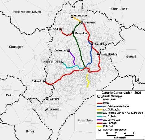 49 Figura 18 - Estações de Integração e Corredores de Ônibus do Cenário Conservador 2020. Fonte: BHTRANS, 2009, p.42.