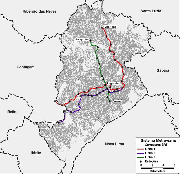 da Linha 3 entre a Estação Lagoinha e Estação Savassi.