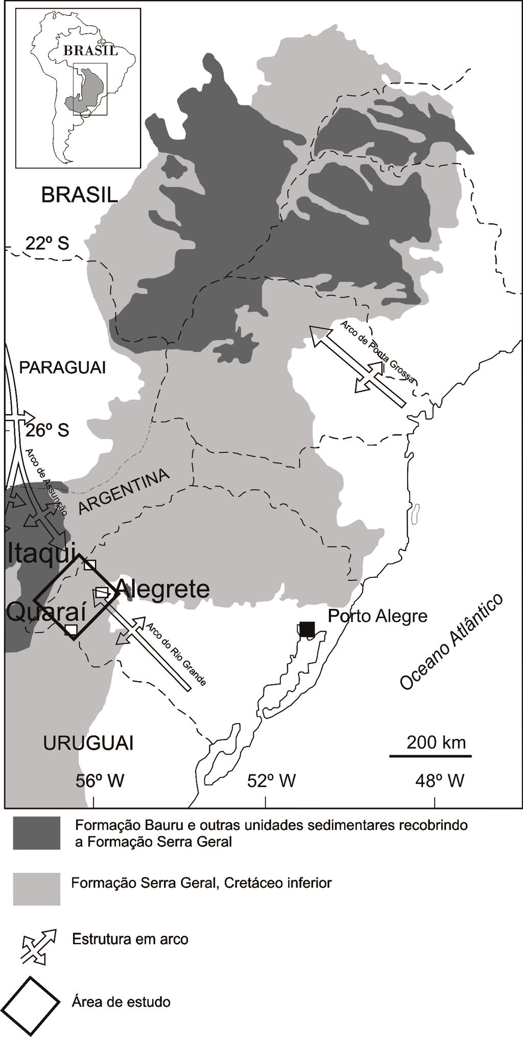 Martins et al. Figura 1. Mapa geológico da Formação Serra Geral, com a área de estudo indicada (modificado de Gilg et al., 2003).