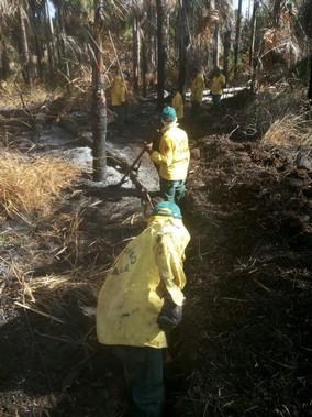 Relatório fotográfico Baixo São Marcos Fotos 3, 4 e 5: Incêndio na vereda e abertura de linha de defesa (trincheiras). 3. Floresta Nacional de Roraima: Frente sul.