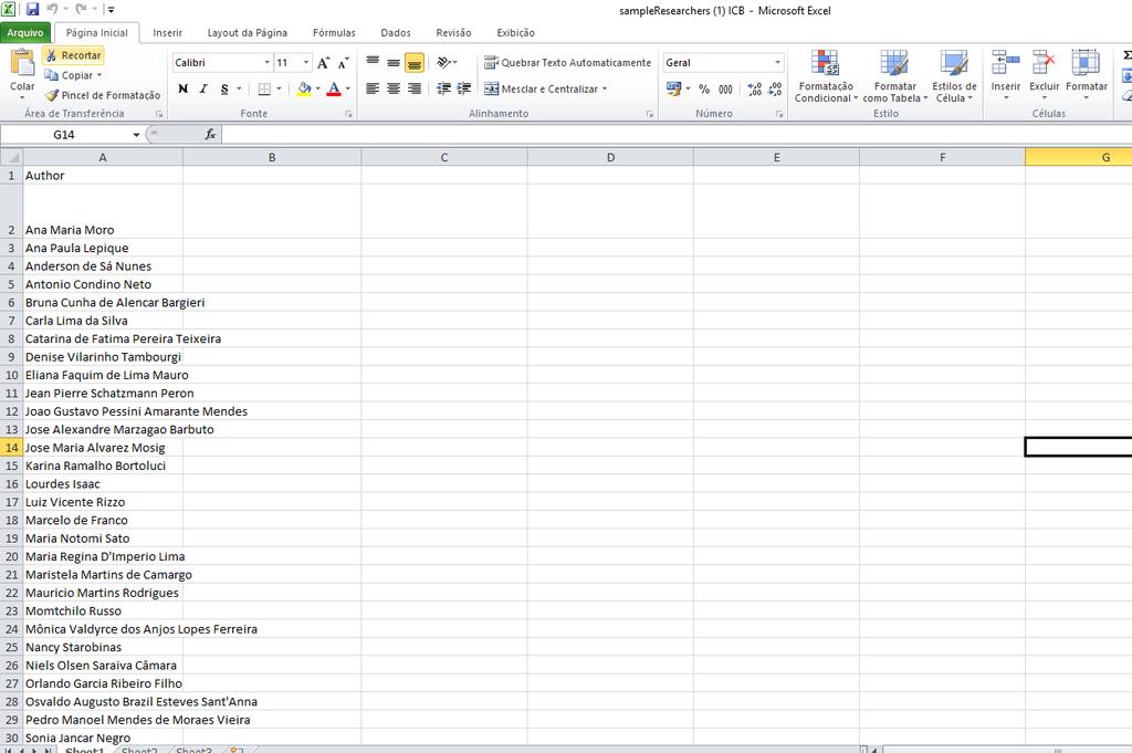 Exemplo de Planilha utilizada ICB Mantenha o título da Coluna: Author Use uma cópia do
