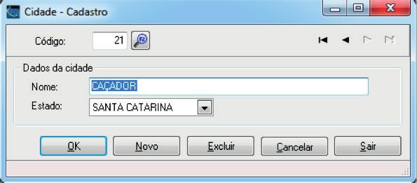 2.1.1. Cadastro de cidade No menu CADASTRO > GERAL > CIDADE devem ser informadas as cidades de atuação ou relacionamento da empresa. Código: é informado o código da cidade.