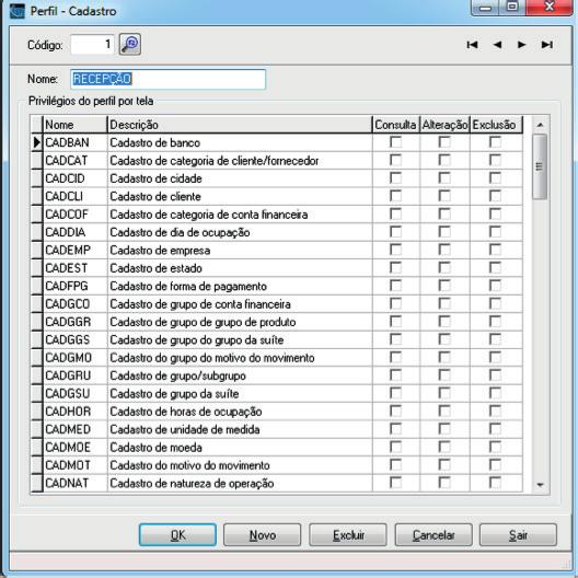2.1.3. Cadastro de perfil de usuário No menu CADASTRO > GERAL > PERFIL DE USUÁRIO serão informados os dados referentes aos privilégios que cada perfil poderá utilizar no sistema.