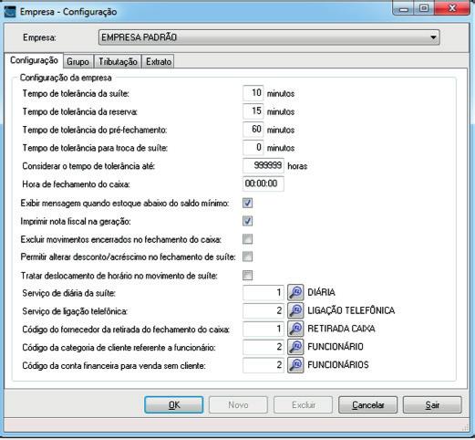 Aba Configuração : Tempo de tolerância da suíte: é informado o tempo de tolerância para contagem de tempo na suíte em minutos. Exemplo: 15.