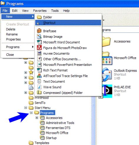 Manual Instalação - 09 Selecione a pasta Programas, e no Menu Arquivo (File) selecione Novo (new) - > Atalho (shortcut).
