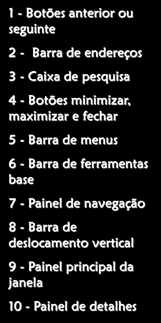 e fechar 5 - Barra de menus 6 - Barra de ferramentas base 7 - Painel de navegação 8 -