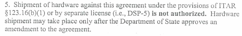 TAA Assinado com o Departamento de Estado dos EUA (Bureau of Political-Military Affairs, Directorate of Defense Trade Controls) - DTC Case TA 2699-05 (validade