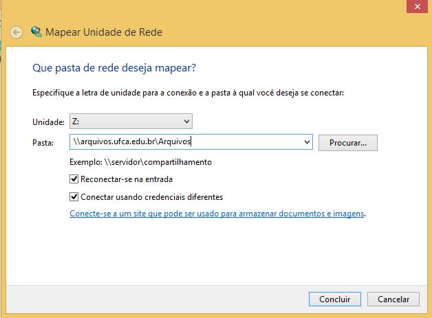 14. Marque a opção Reconectar-se durante o Logon 15. Marque a opção Conectar usando credenciais diferentes 16.