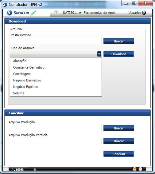 Selecionar o local e pasta para fazer o export do arquivo de conciliação. Selecionar o tipo de arquivo para conciliação. 1. Alocação; 2.