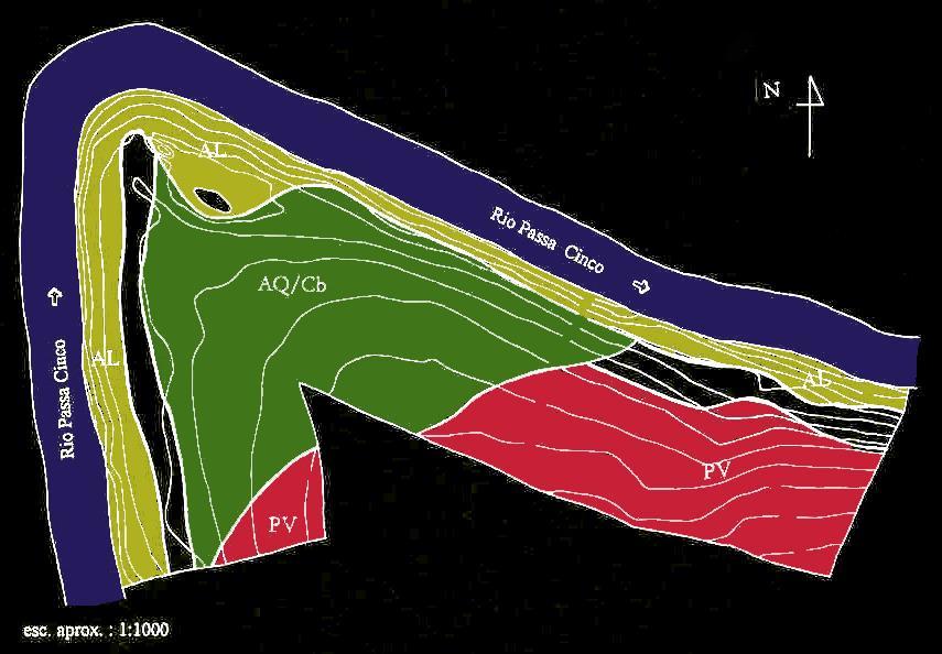 Mapa topográfico e dos tipos de solo da área às margens do rio
