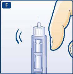 F - Segure NovoRapid FlexPen com a agulha apontada para cima e bata levemente com o dedo no