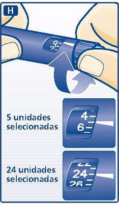 H - Gire o seletor de dose para selecionar o número de unidades que você necessita injetar. A dose pode ser corrigida para mais ou para menos, girando o seletor de dose na direção correspondente.