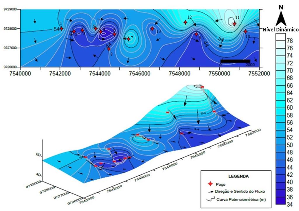 por meio dessas medições, foi possível traçar isolinhas de cargas hidráulicas representando a superfície potenciométrica assim como a direção do fluxo subterrâneo, ilustrados pelas isolinhas.