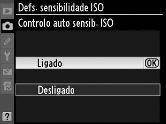 ISO é correctamente ajustada quando é usado o flash). 1 Seleccionar Controlo auto sensib. ISO. Botão G S Para apresentar os menus, prima o botão G. Seleccione Defs.