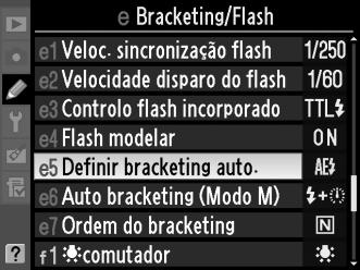 Bracketing O bracketing varia automaticamente a exposição, nível do flash, D-Lighting Activo (ADL), ou balanço de brancos de forma ligeira a cada disparo, bracketeando o valor actual.