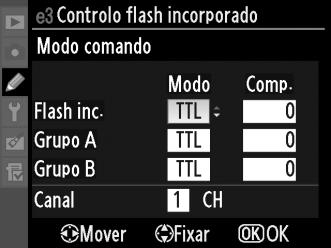 Modo comando Utilize o flash incorporado como flash principal para controlar uma ou várias unidades de flash opcionais remotas SB-900, SB-800, SB-600 ou SB-R200 num máximo de dois grupos (A e B)