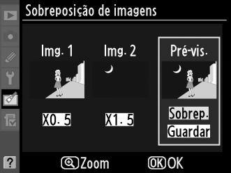 2 e optimize a exposição para a sobreposição premindo 1 ou 3 para seleccionar o valor do ganho para a imagem 1 entre 0,1 e 2,0.