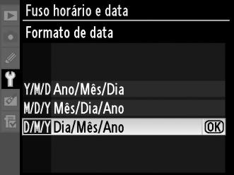 8 Definir o formato de data. Seleccione Formato de data e prima 2. Prima 1 ou 3 para escolher a ordem pela qual o dia, o mês e o ano serão apresentados e prima J. s 9 Sair para o modo de disparo.