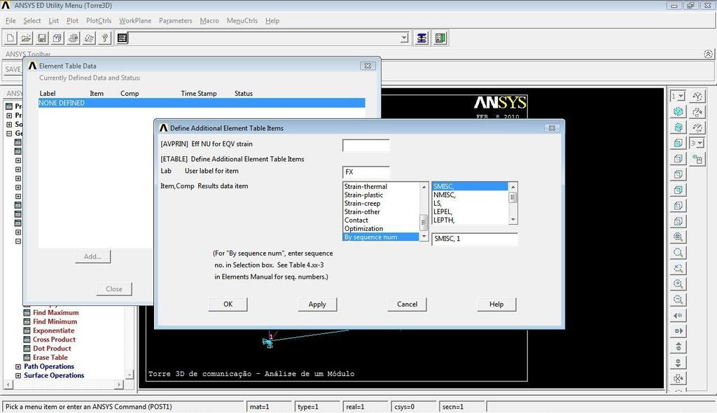 No ANSYS Main Menu dentro do General Postproc clicar em Read Results, First Set para recuperar, plotar e listar os resultados para o primeiro STEP de carga; Então, ainda dentro do General Postproc