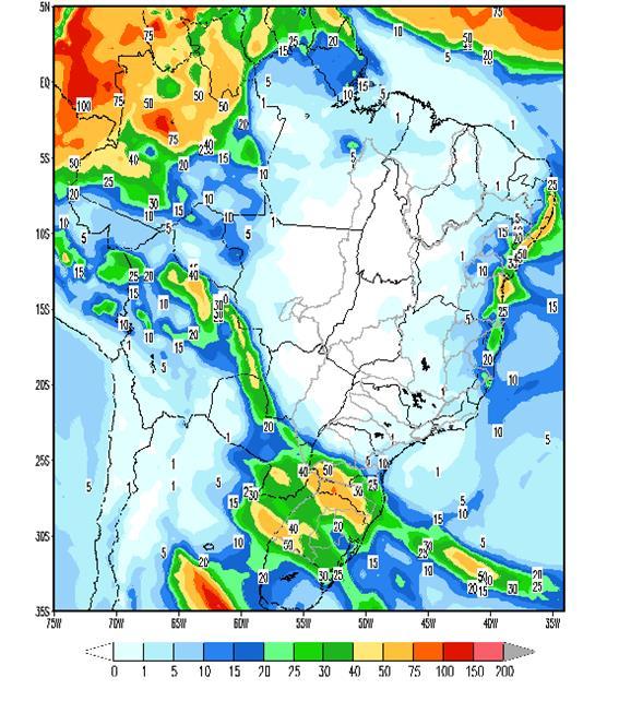 Figura 1 - Precipitação acumulada prevista pelo modelo ETA (CPTEC/INPE) para o período de 16/09 a 22/09/2017 Nas bacias dos rios Paranapanema, Grande, Paranaíba e Iguaçu, e parte das bacias dos rios
