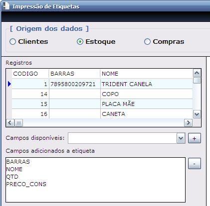 6. Por Manual de utilização do módulo Impressão de Etiquetas Personalização da Etiqueta 1. Primeiramente precisamos indicar a Origem dos dados, onde temos disponível: Clientes, Estoque e Compras. 2.