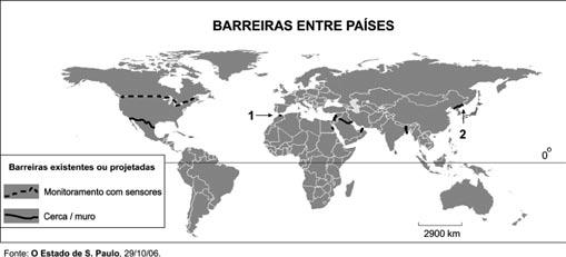 1 O mapa acima representa a distribuição, pelo mundo, das principais barreiras entre países.