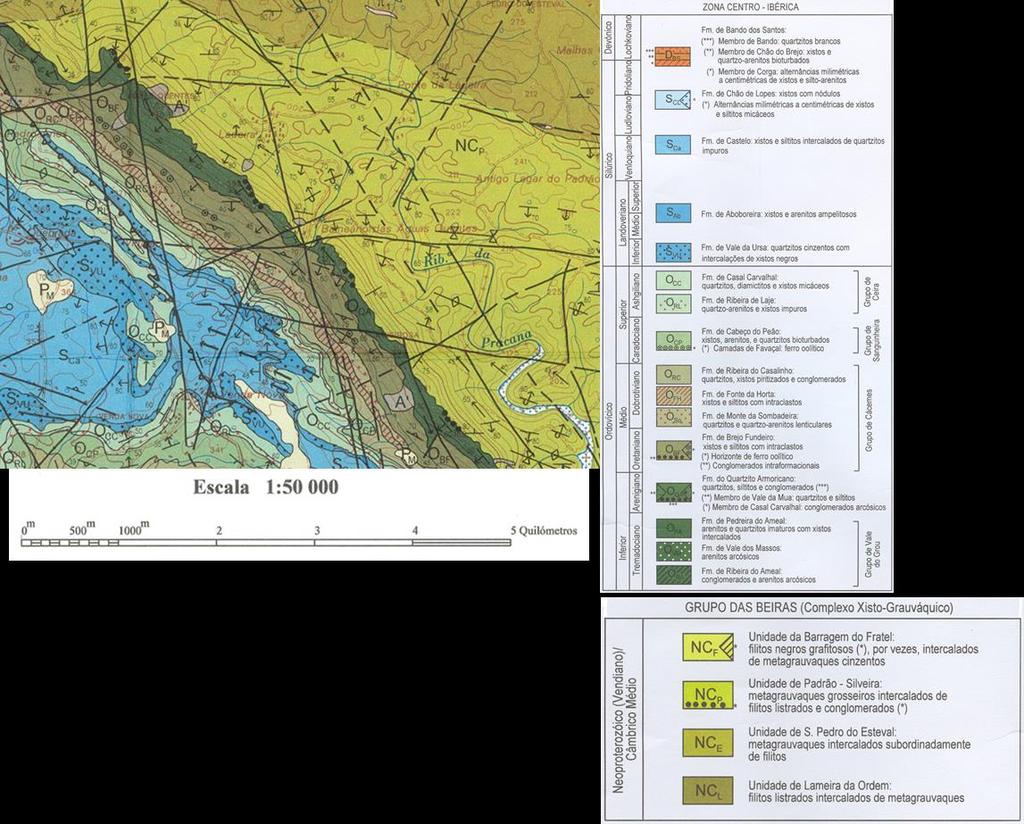 134 N Fig. 4.3 Extrato da Folha 28-A Mação (1:50 000), referente à Geologia da Ladeira de Envendos (Romão et al., 2000). 4.3.1. Grupo das Beiras (CXG) O CXG é representado na área em estudo é a Unidade de Padrão-Silveira de idade Neoproterozoico (Vendiado) a Câmbrico médio.