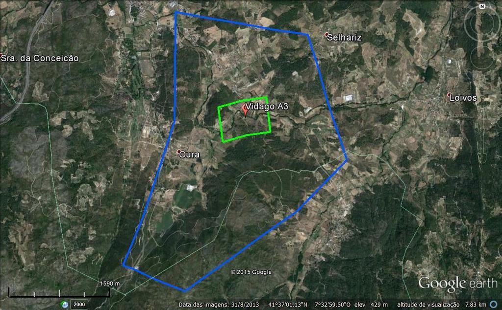 35 Fig. 2.18 Perímetro de proteção da concessão de Areal (zona alargada a azul e zona intermédia a verde) (Imagem aérea obtida através do sistema Google Earth a 17/08/2015). 2.9.