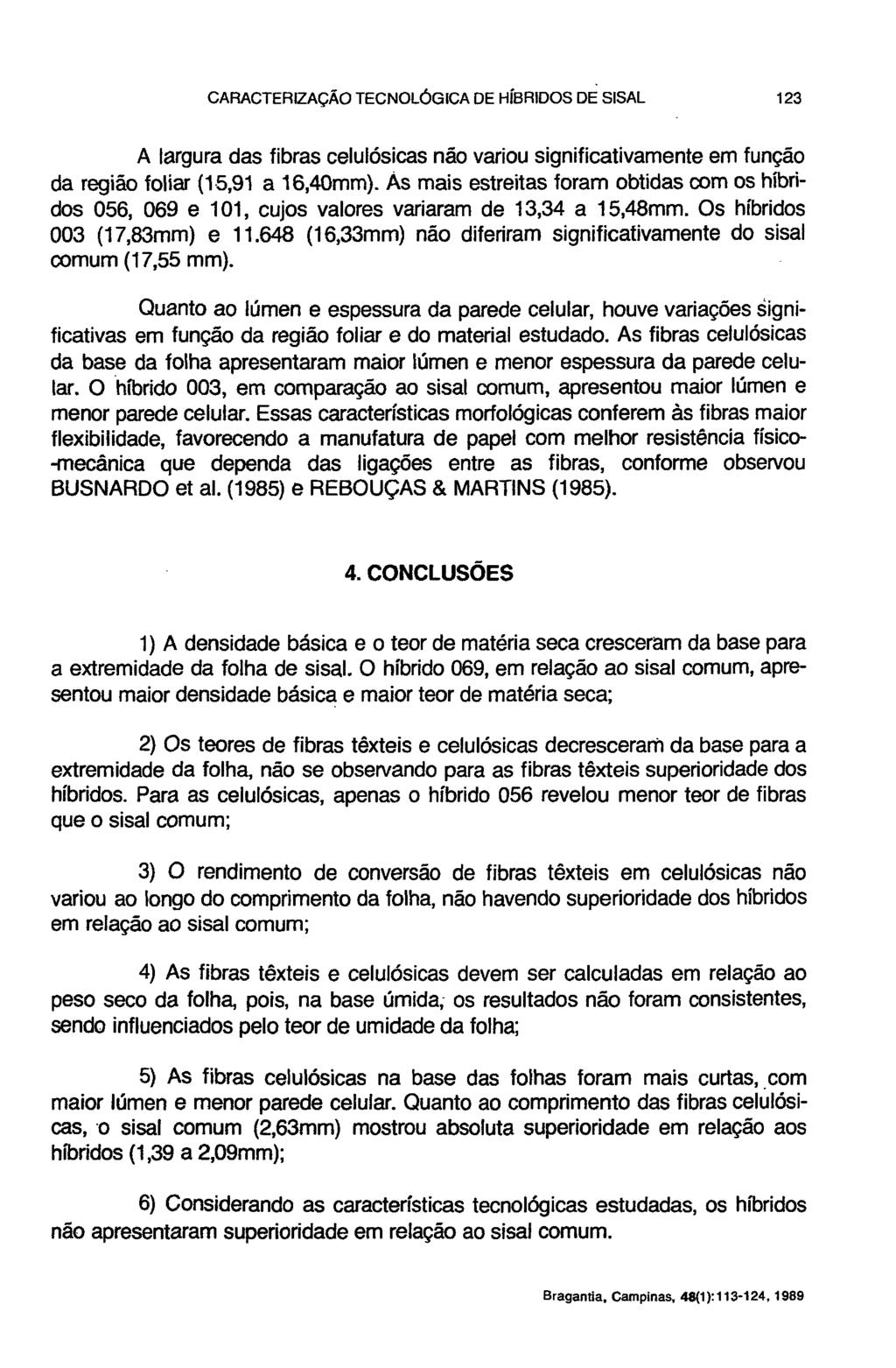 A largura das fibras celulósicas não variou significativamente em função da região foliar (15,91 a 16,40mm).