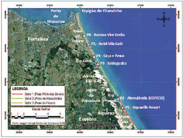 Figura 4. Localização dos pontos e compartimentação setorial da faixa litorânea do trecho Praia Porta das Dunas Praia do Futuro (Imagem Google Earth, 2009). Figure 4.