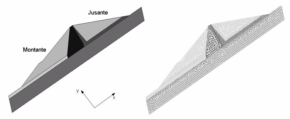 Estudo de casos 94 4.025 elementos triangulares do tipo TRIA3. Nas análises 3D foram empregados 26.691 nós, conectando 133.826 elementos tetraédricos do tipo TETR4.