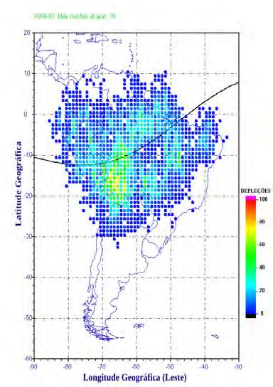 Figura 6.3 - Detecção de depleções TEC na América do Sul. No painel esquerdo as detecções foram feitas para março de 2008, e no painel da direita para dezembro de 2008. Cortesia de G. Seemala e C.
