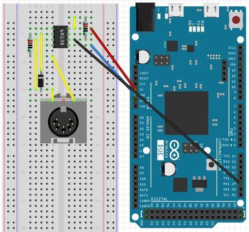 23 Leiaute 5.2 Entrada MIDI e comunicação com o Arduino Due Fonte: Folle (2015). 5.2 Entrada de Parâmetros A entrada de parâmetros e controle do sintetizador ocorre tanto por botões quanto por knobs.