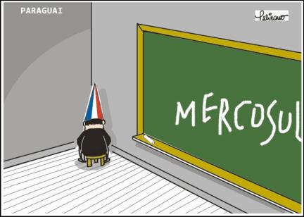 4. Analise a charge. O Paraguai faz parte do bloco econômico Mercado Comum do Sul (MERCOSUL), entretanto a charge brinca com uma situação de castigo com o país, ocorrida em 2012.