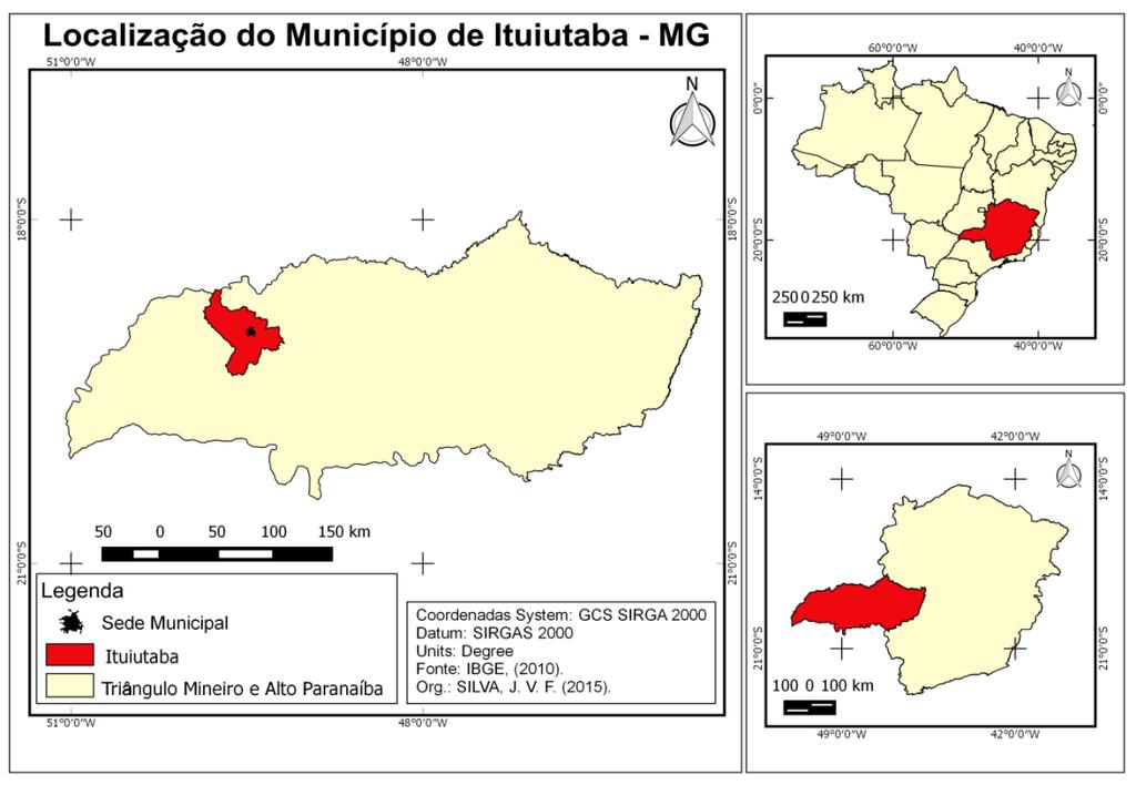 Figura 01: Localização da área do Município de Ituiutaba - MG. Fonte: IBGE (2010). O mesmo possui como área de unidade territorial 2.598,046 km² e uma população estimada em 103.
