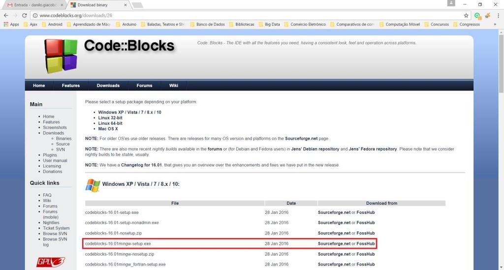 Figura 2 - Tela de Download do Code::Blocks 3.