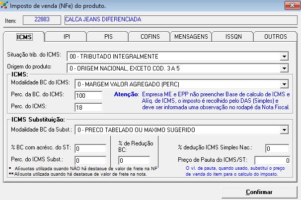 Neste momento devem ser cadastrados os impostos referentes ao produto em questão.