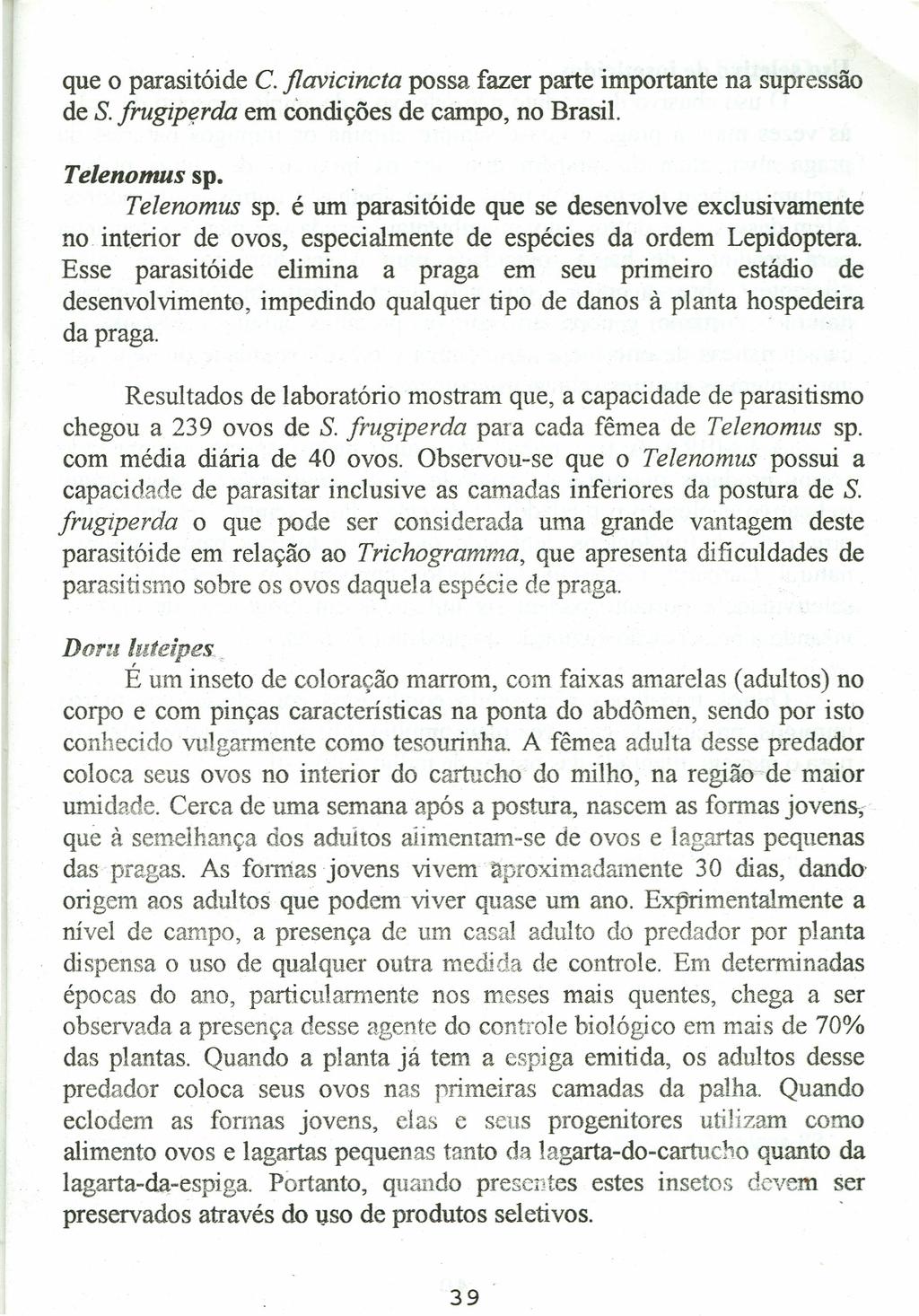 que o parasitóide C. jlavicincta possa fazer parte importante na supressão de S. frugiperda em condições de campo, no Brasil. Telenomus sp.