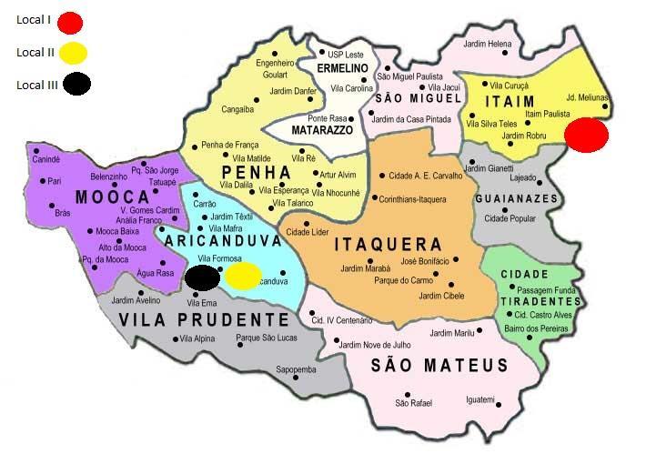 Figura 1. Mapa da região leste de São Paulo, com cada local de exposição marcado. Local I vermelho, Local II amarelo, Local III preto. Figura 2.