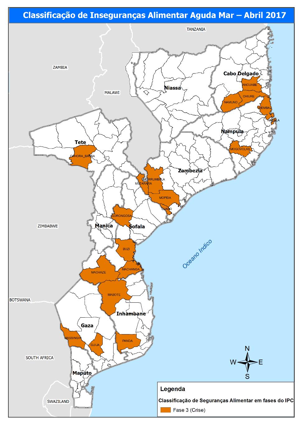 No período de Março a Abril 2017, todos os distritos foram classificados em fase de "Crise" de insegurança alimentar aguda (fase 3 do IPC-INSA).