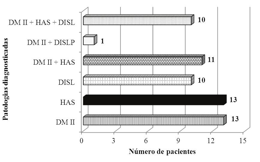 RODRIGUES, Elida No que diz respeito às patologias diagnosticadas, as mais frequentes foram DM II (13), HAS (13) e dislipidemia (10), sendo que, aproximadamente 66% apresentam as três patologias