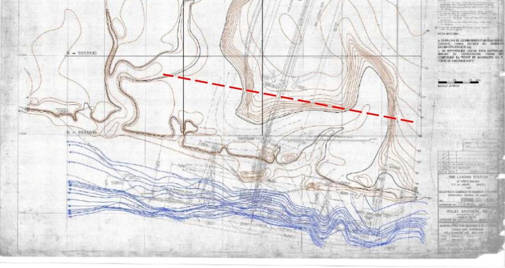 Contato irregular entre a parte alta e parte baixa da retroárea e a linha de 140 m - muito sinuoso e, portanto, uma linha reta de separação como a sugerida "linha de 140 m" não se sustenta O