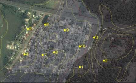 Figura 1 Curvas de nível no bairro e pontos de coleta Estão sendo realizadas coletas mensais que irão contemplar campanhas, dentro do período de meses, especificamente de março a outubro 2017.