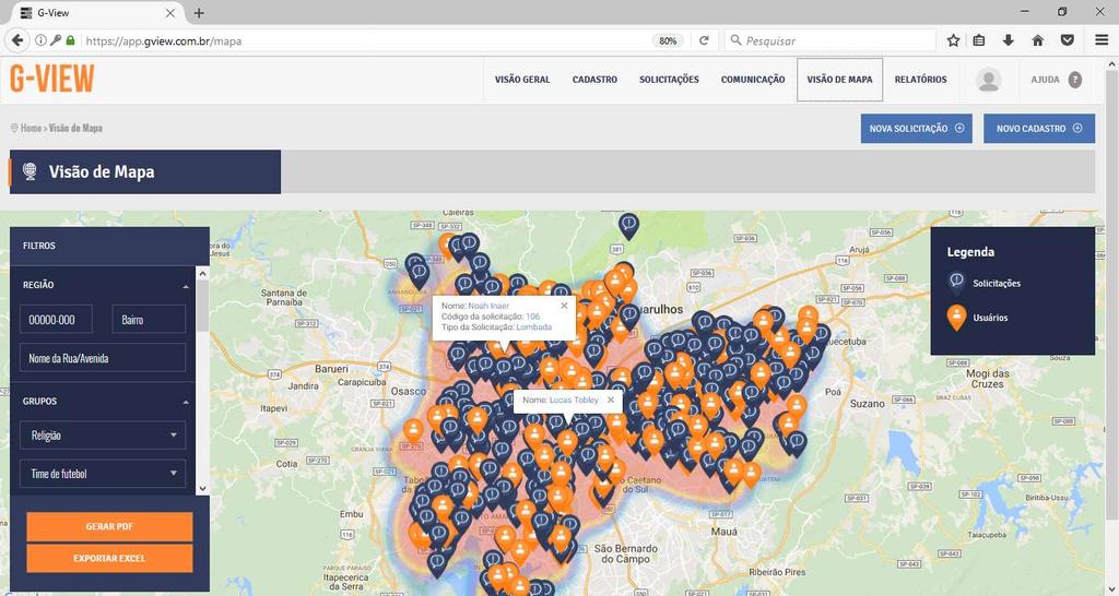 Na VISÂO DE MAPA você pode visualizar todas as solicitações e os usuários (eleitores) cadastrados no seu gabinete, e onde eles estão. Clicando em uma SOLICITAÇÃO você visualiza os detalhes dela.